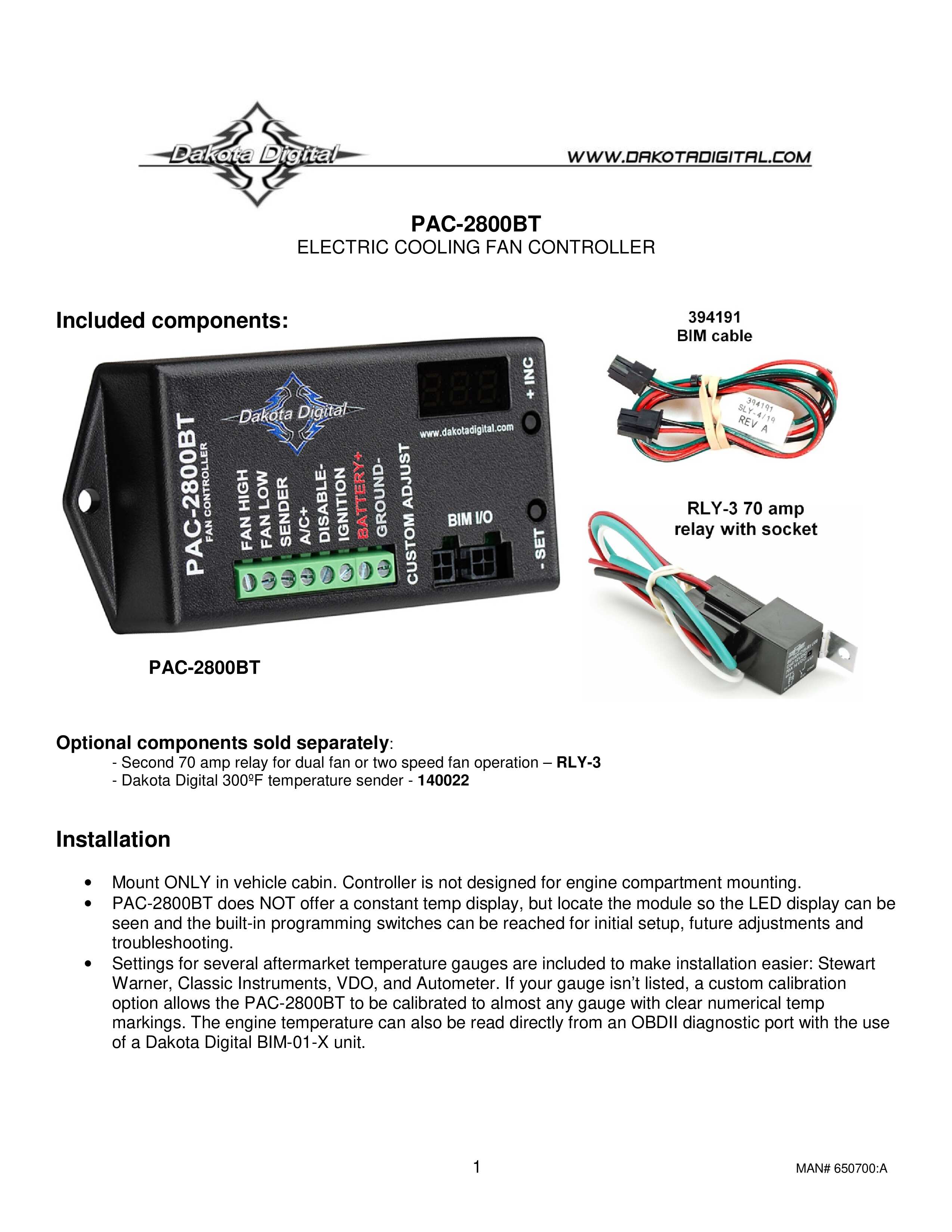 Dakota Digital Electric Fan Controller Installation Instructions